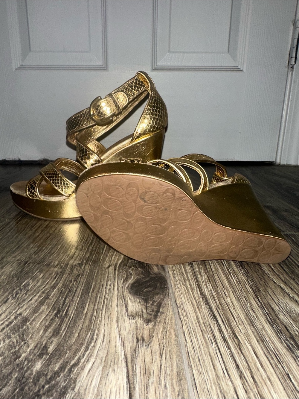 Coach Metallic Gold Wedge Sandals - Picture 3 of 6